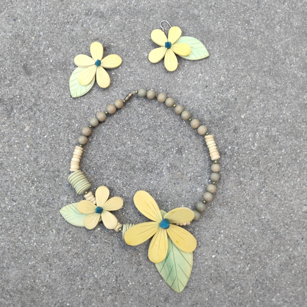 Yellow & Green Wooden Floral Bead Necklace and Earrings Set